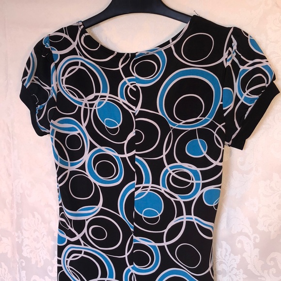 Square neckline empire waist Y2K 00s black dress with blue & white circle print - Picture 5 of 6